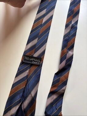 Vintage Ted Lapidus Paris Men's Striped Silk Tie in Navy, Brown, Gray
